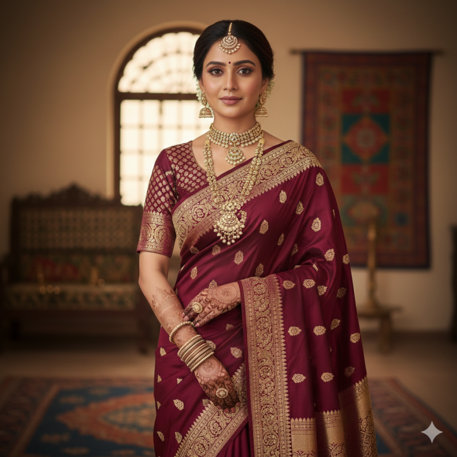 Traditional Indian bridal saree look with red saree and palace-style background