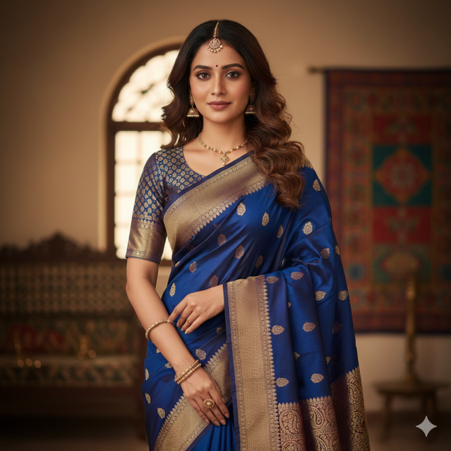 Realistic Indian saree portrait with silk saree, matching blouse, and warm ambient light