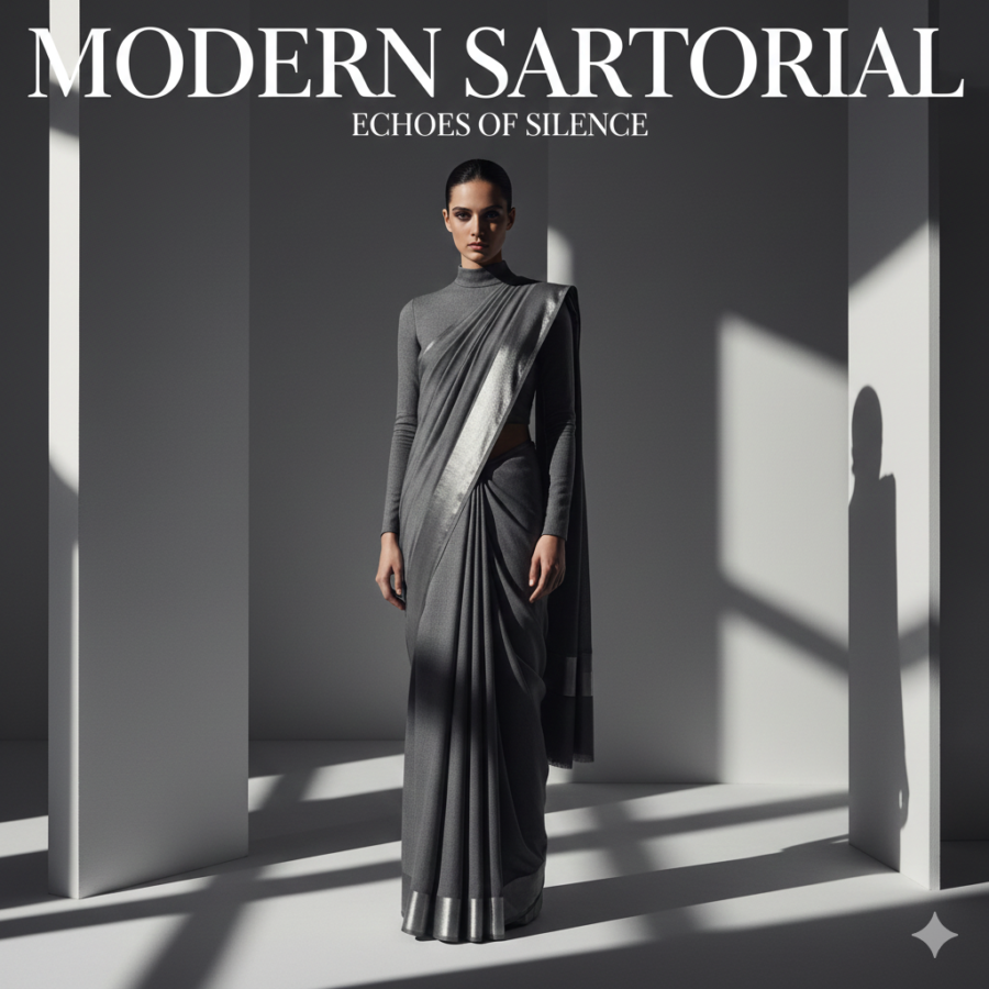 Contemporary Indian saree fashion editorial in a modern geometric studio