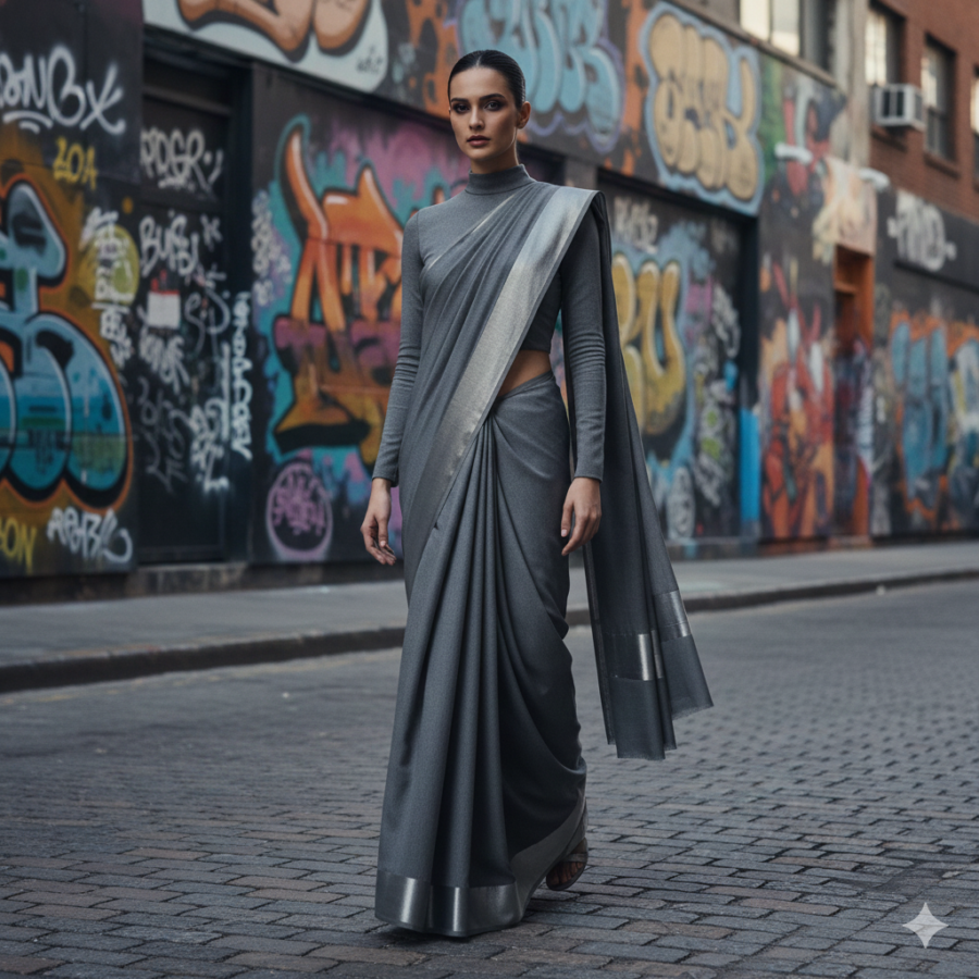 Urban Indian saree fashion photographed in natural daylight